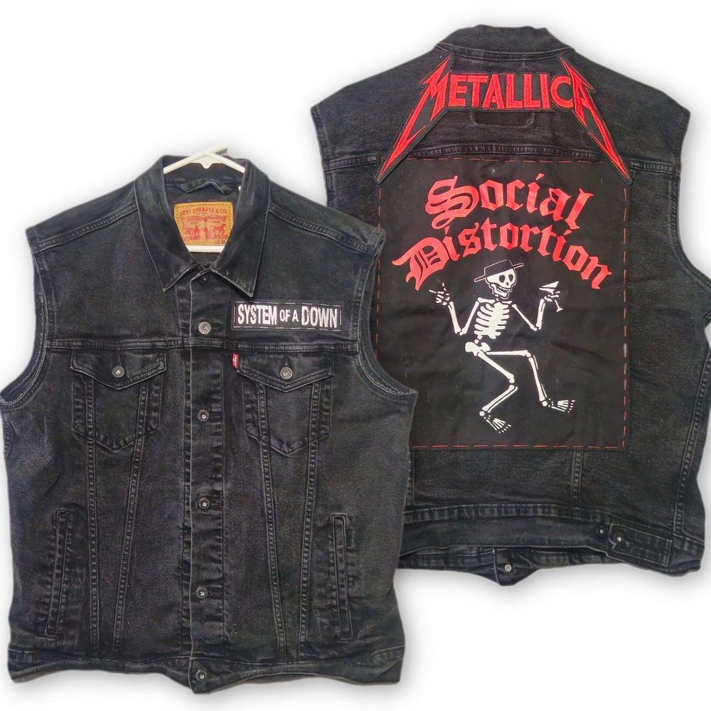 Levis Denim Vest Mens XL Black Custom Metallica Social Distortion SOAD Patches